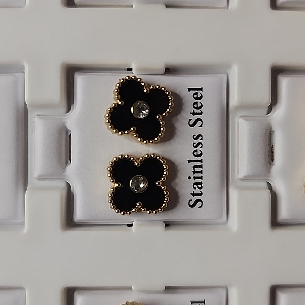Stainless Steel Black and Gold Clover Earrings
